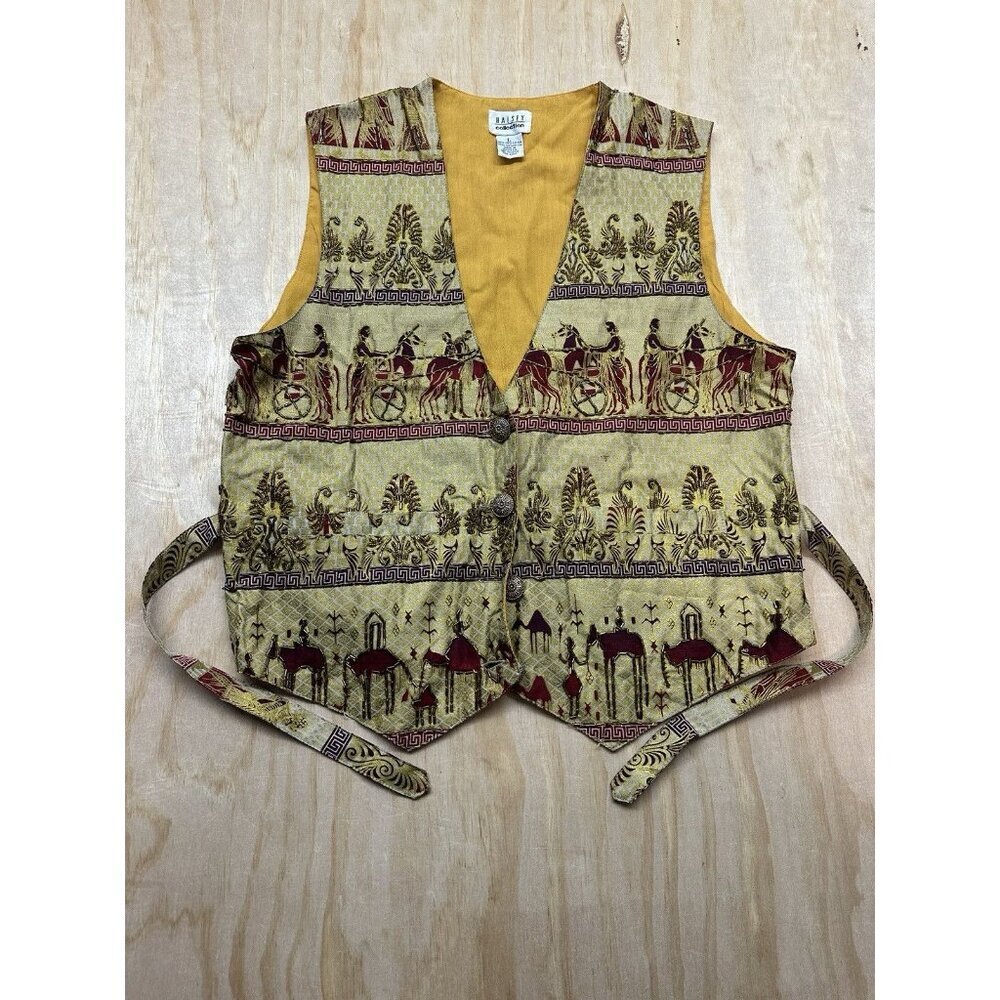 Halsey Collection Vest Petite Small Vintage Boho Tan Blue Gold Floral Art Beaded